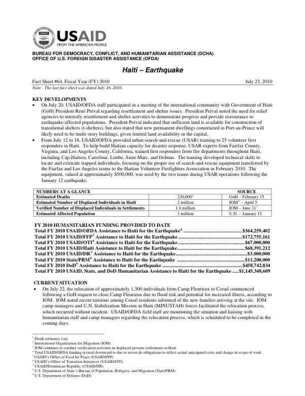 Haiti Earthquake Fact Sheet #64