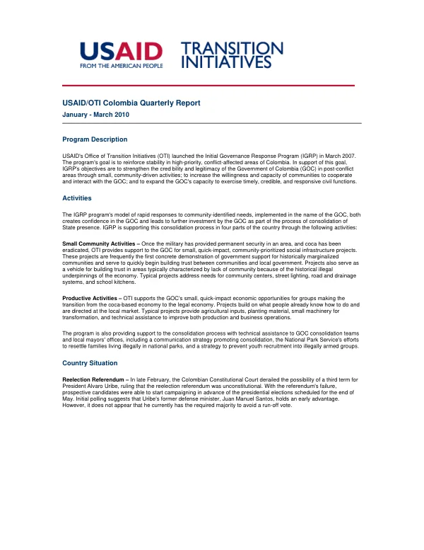 USAID/OTI Colombia Quarterly Report January - March 2010