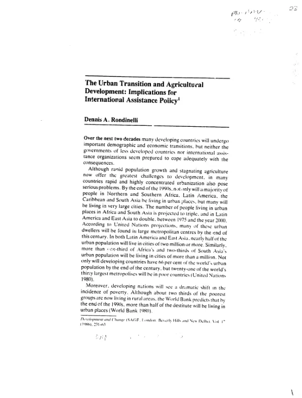 The Urban Transition and Agricultural Development: Implications for International Assistance Policy