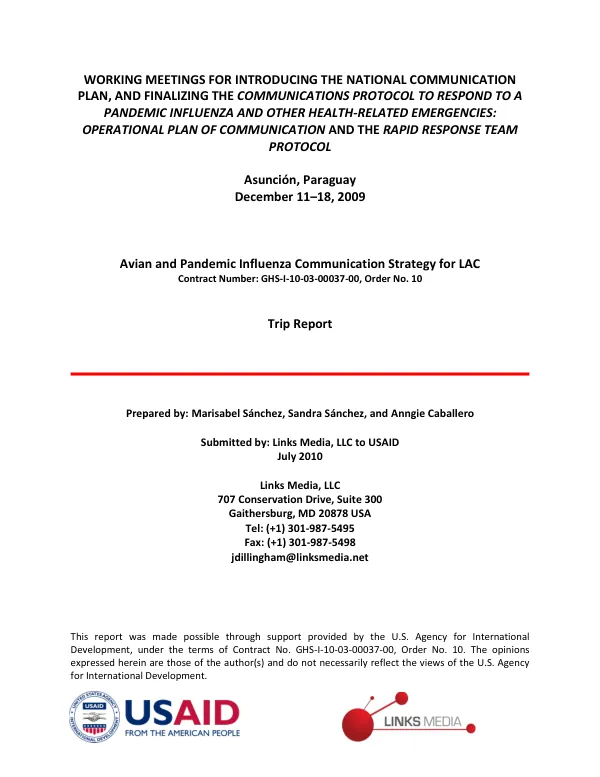 Working Meetings for Introducing the National Communication Plan, and Finalizing the Operational Plan of Communication for Pandemic Influenza and other Health-related Emergencies, and the Rapid Response Team Protocol – Trip Report
