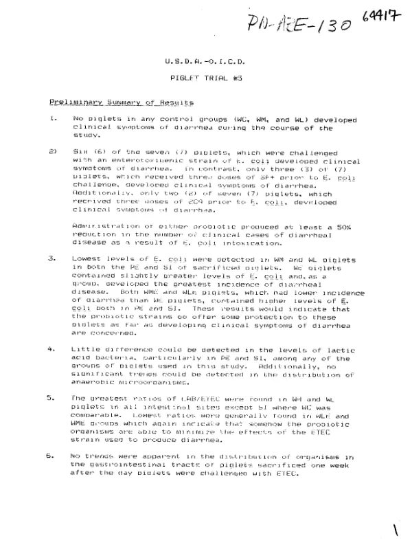 Piglet Trial #5: Evaluation of Probiotics for Diarrhea Prevention