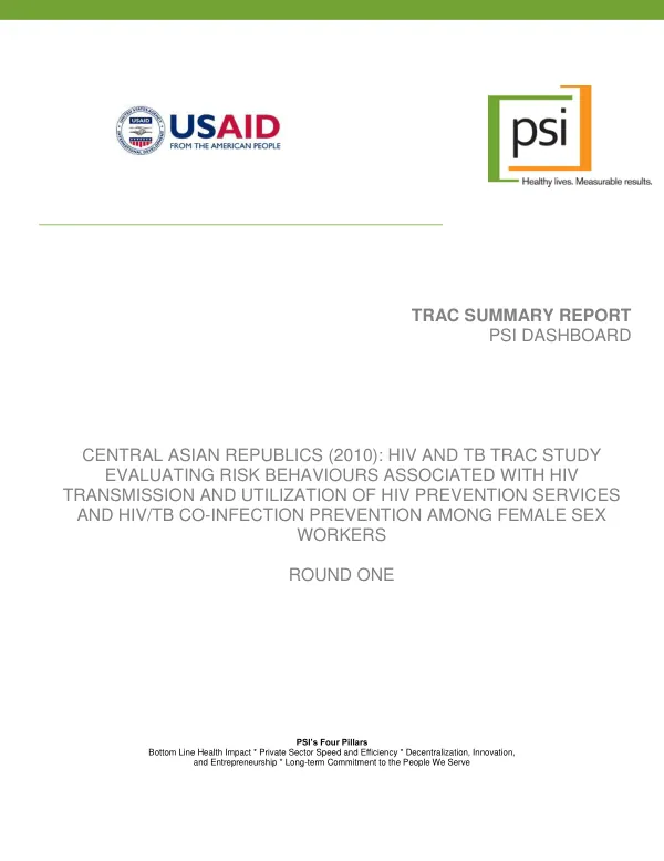 Central Asian Republics (2010): HIV and TB TRaC study evaluating risk behaviours associated with HIV transmission and utilization of HIV prevention services and HIV/TB co-infection prevention among SWs