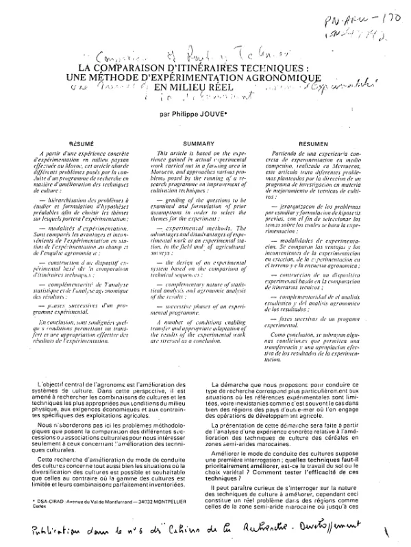 La comparaison d'itinéraires techniques : une méthode d'expérimentation agronomique