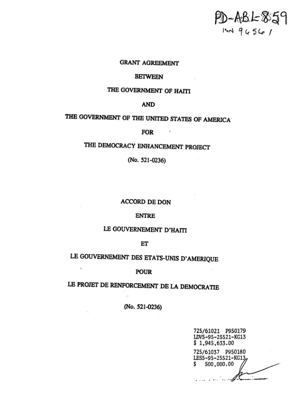 Grant Agreement Between the Government of Haiti and the Government of the United States of America for the Democracy Enhancement Project