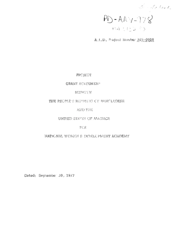 Project Agreement between the United States Agency for International Development (USAID) and the People's Republic of Bangladesh