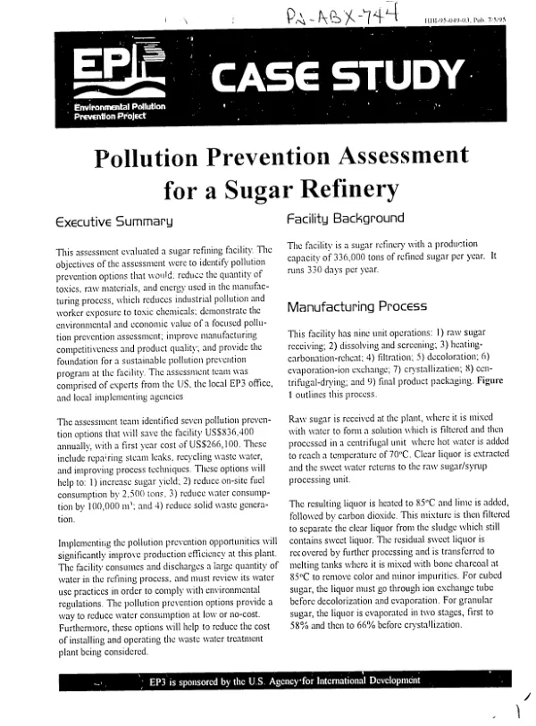 Pollution Prevention Assessment for a Sugar Refinery