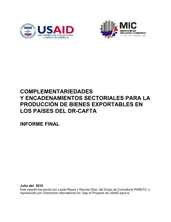 Complementariedades y Encadenamientos Sectoriales para la Producción de Bienes Exportables en los Países del DR-CAFTA