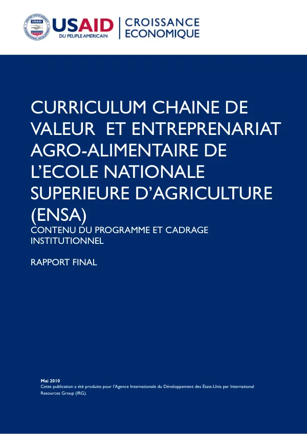 Curriculum Chaîne de Valeur et Entrepreneuriat Agro-Alimentaire de l'Ecole Nationale Supérieure d'Agriculture (ENSA)