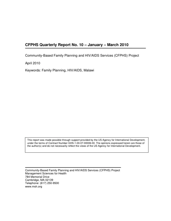 Community-Based Family Planning and HIV & AIDS Services in Malawi Quarterly Report No. 10
