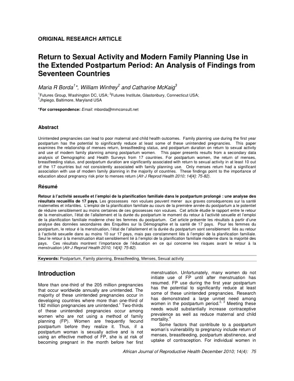 Return to Sexual Activity and Modern Family Planning Use in the Extended Postpartum Period: An Analysis of Findings from Seventeen Countries