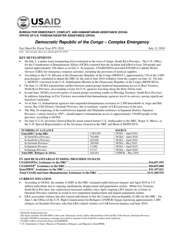 USAID/OFDA Democratic Republic of Congo Complex Emergency Fact Sheet #4 7/12/2010