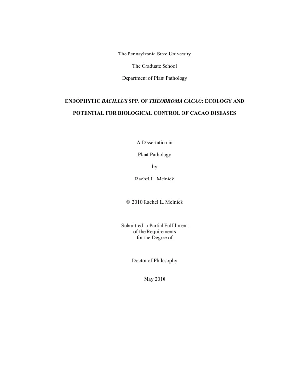 Endophytic Bacillus SPP. of Theobroma Cacao: Ecology and Potential for Biological Control of Cacao Diseases