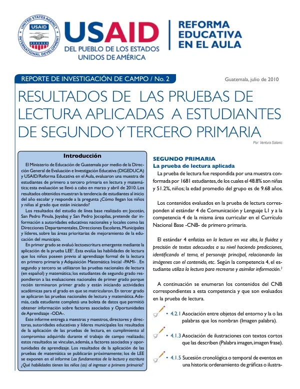Resultados de las pruebas de lectura aplicadas a estudiantes de segundo y tercero primaria