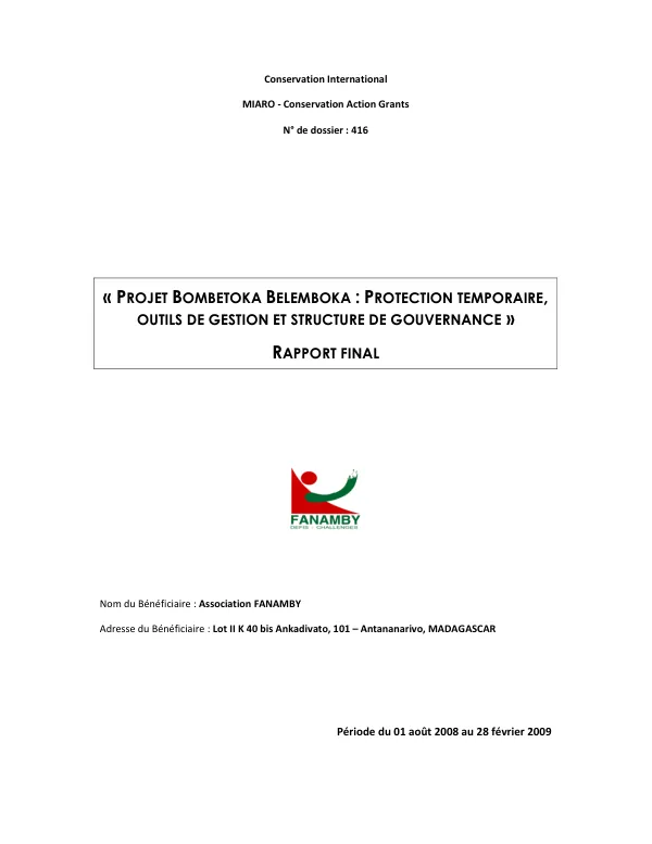 Projet Bombetoka Belemboka : protection temporaire, outils de gestion et structure de gouvernance -- rapport final