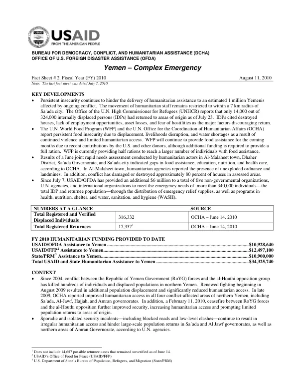 USAID/OFDA YEMEN FACT SHEET #2