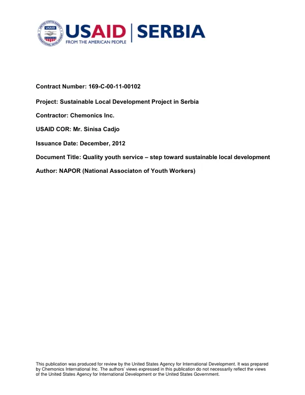 Final report on the project : quality youth service -step toward sustainable local development, 15th March-27th December 2012