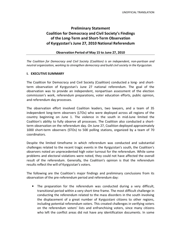 Coalition for Democracy and Civil Society’s Findings of the Long-Term and Short-Term Observation of Kyrgyzstan’s June 27, 2010 National Referendum