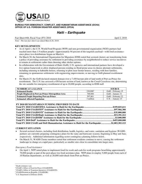 USAID-DCHA Haiti Earthquake Fact Sheet #48 4/2/2010