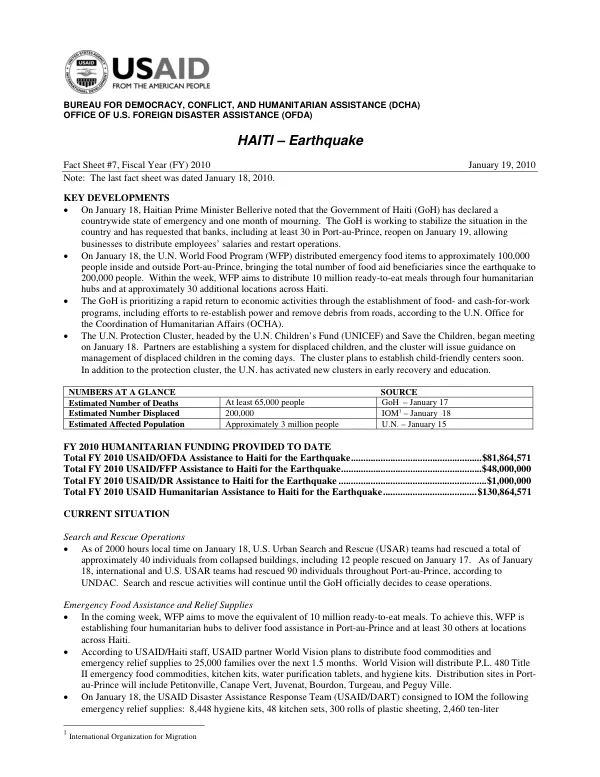 USAID-DCHA Haiti Earthquake Fact Sheet #7 1/19/2010
