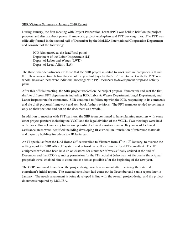 SIIR/Vietnam Summary - January 2010 Report