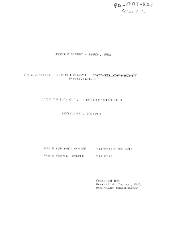 Monthly report - March, 1986 : Chapare regional development project