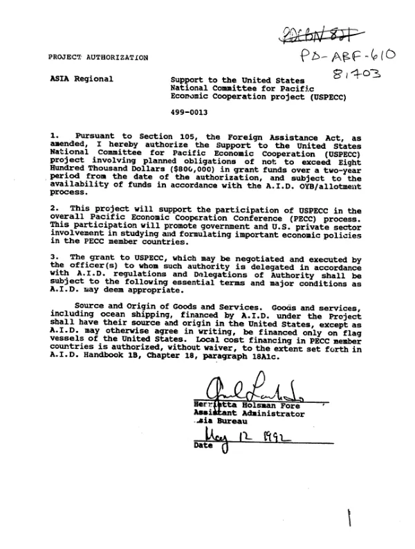 PROJECT AUTHORIZATION FOR SUPPORT TO THE UNITED STATES NATIONAL COMMITTEE FOR PACIFIC ECONOMIC COOPERATION PROJECT