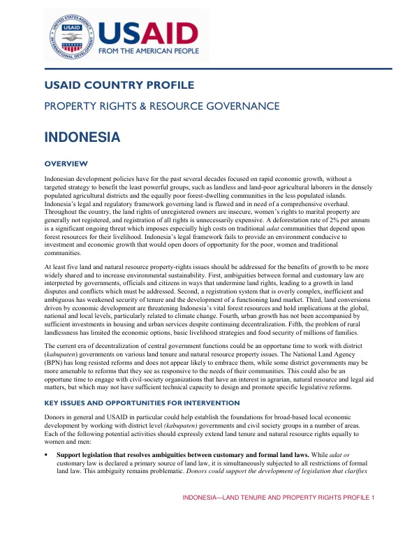 INDONESIA—LAND TENURE AND PROPERTY RIGHTS PROFILE