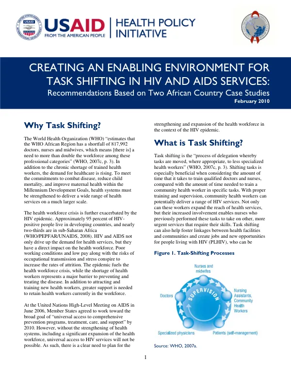 Creating an Enabling Environment for Task Shifting in HIV and AIDS Services: Recommendations Based on Two African Country Case Studies