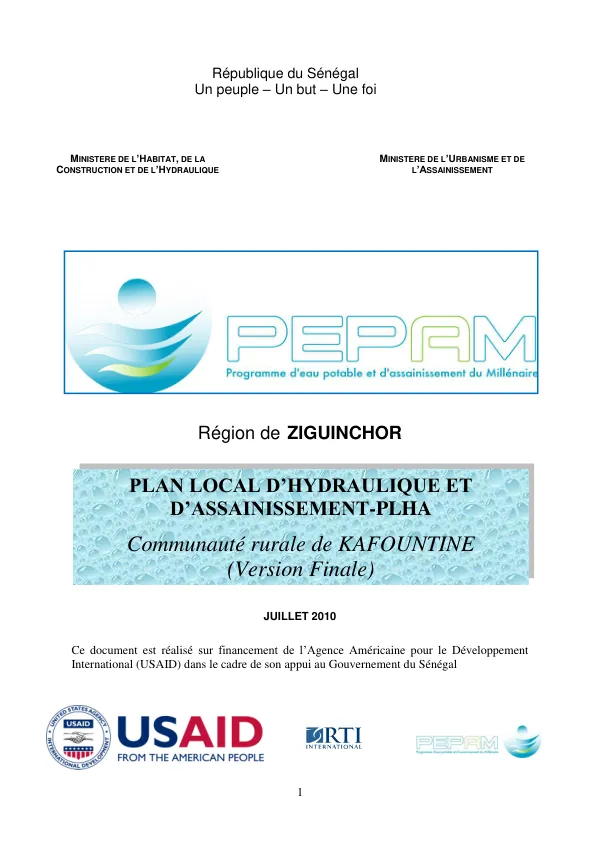Plan Local d'Hydraulique et d'Assainissement-PLHA Communauté Rurale de KAFOUNTINE