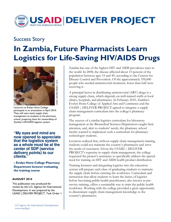 Final Report: Success Story in Zambia, Future Pharmacists Learn Logistics for Life-Saving HIV/AIDS Drugs