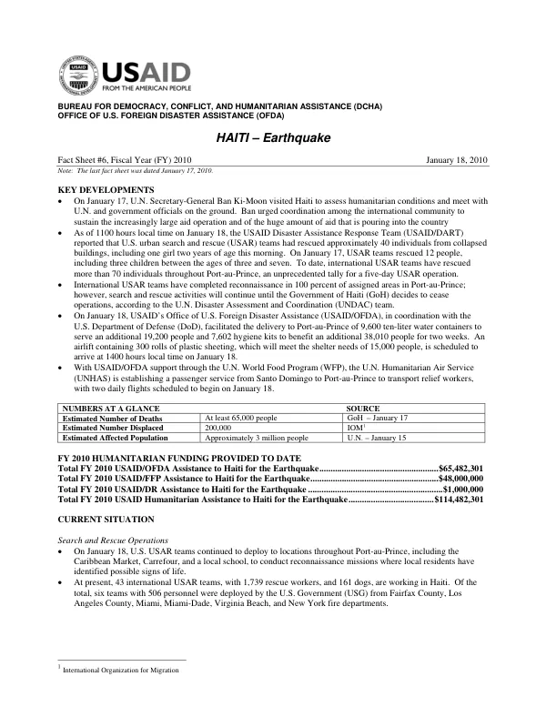 Haiti Earthquake Fact Sheet #6, Fiscal Year (FY) 2010