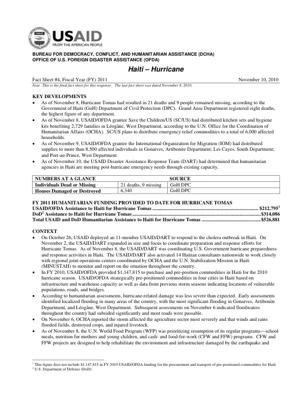 USAID-DCHA Haiti Hurricane Fact Sheet #4 11/10/2010