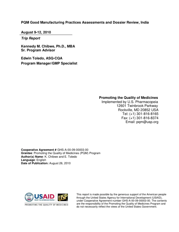 PQM Good Manufacturing Practices Assessments and Dossier Review, India