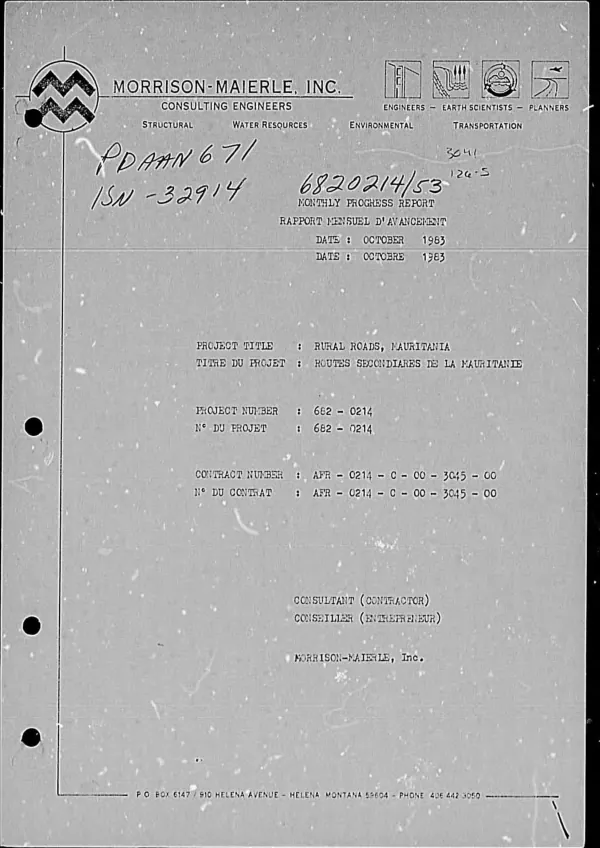 Rural roads, Mauritania; monthly progress report, October 1983 = Routes secondiares de la Mauritanie; rapport mensuel d'avancement, Octobre 1983