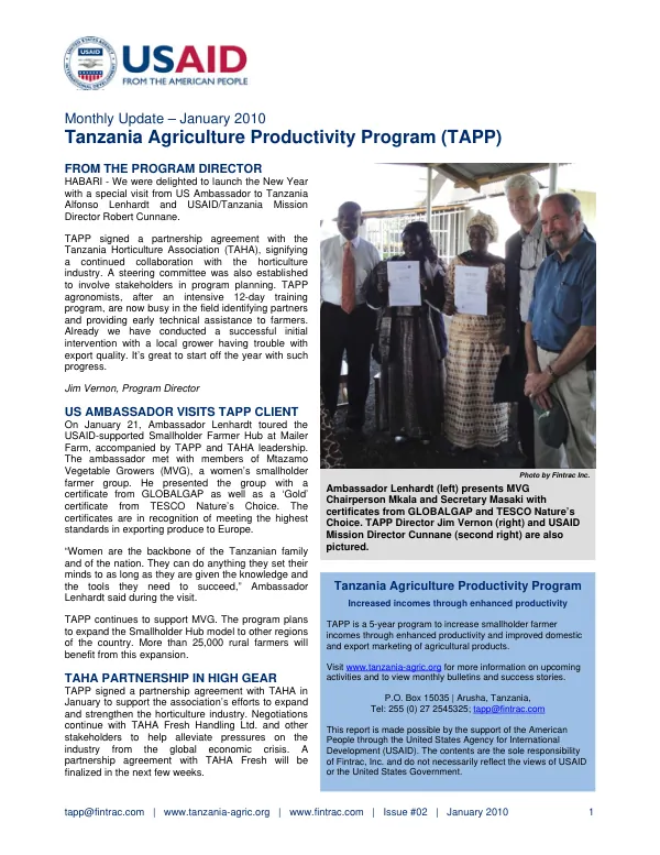 Tanzania Agriculture Productivity Program (TAPP) Monthly Update – January 2010