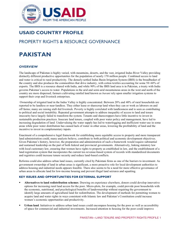 PAKISTAN—LAND TENURE AND PROPERTY RIGHTS PROFILE