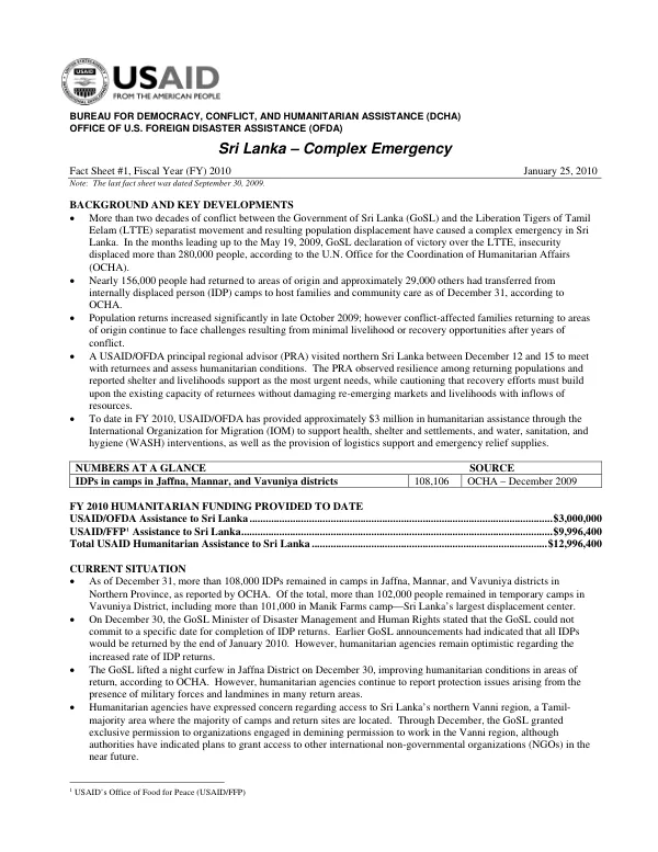 Sri Lanka Complex Emergency – January 25, 2010