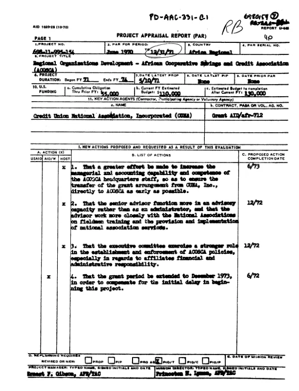 PROJECT APPRAISAL REPORT (PAR) FOR PERIOD: AID 1020-25 (10-10)