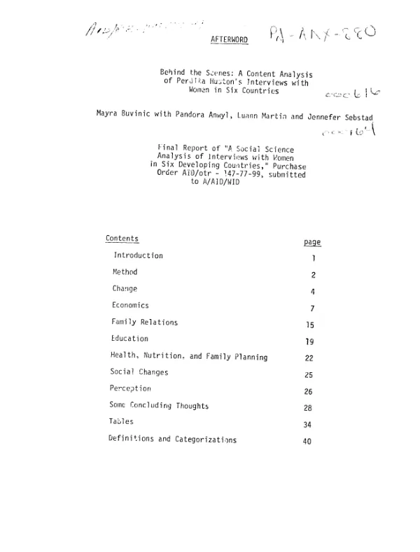 Final Report of 'A Social Science Analysis of Interviews with Women in Six Developing Countries'