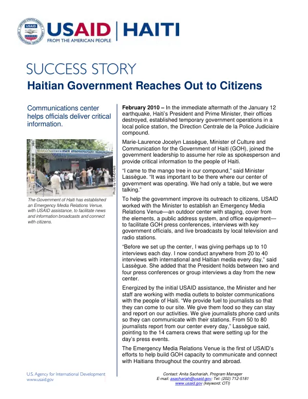 USAID/OTI Haiti Success Story: February 2010 - Haitian Government Reaches Out to Citizens