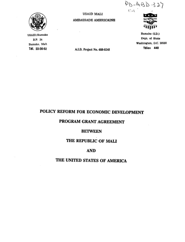 Policy Reform for Economic Development Program Grant Agreement