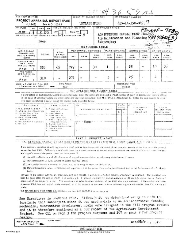 PROJECT APPRAISAL REPORT (PAR) FOR AGRICULTURE DEVELOPMENT PROJECT IN LAOS