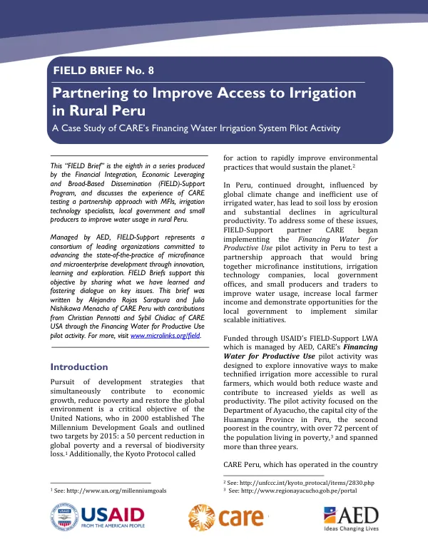 Partnering to Improve Access to Irrigation in Rural Peru: A Case Study of CARE’s Financing Water Irrigation System Pilot Activity