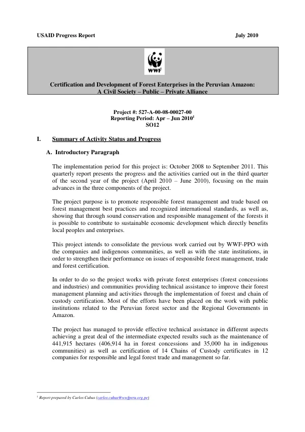 Certification and Development of Forest Enterprises in the Peruvian Amazon: A Civil Society – Public – Private Alliance