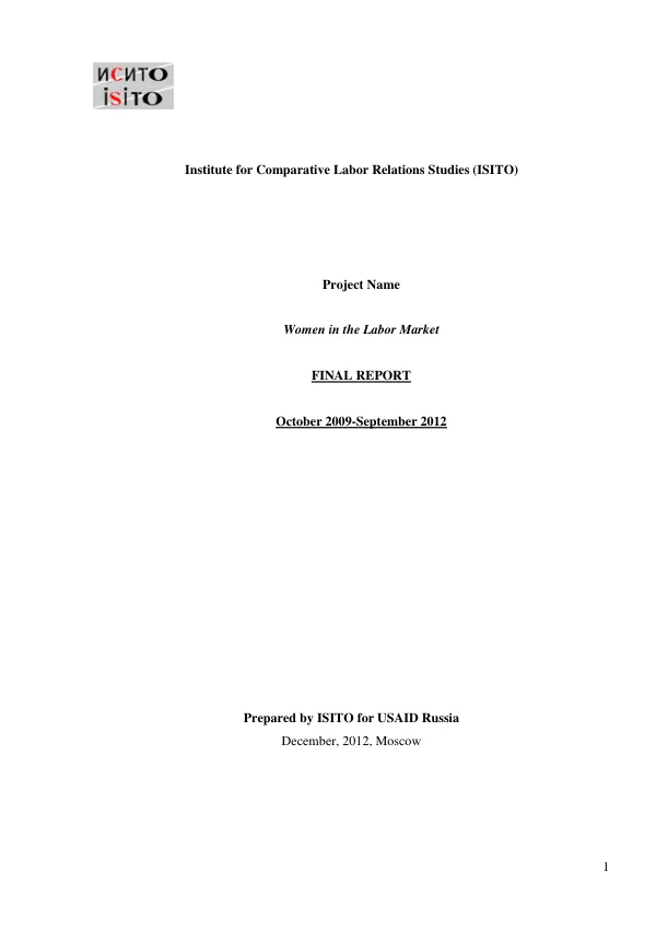Women in the labor market : final report October 2009-September 2012