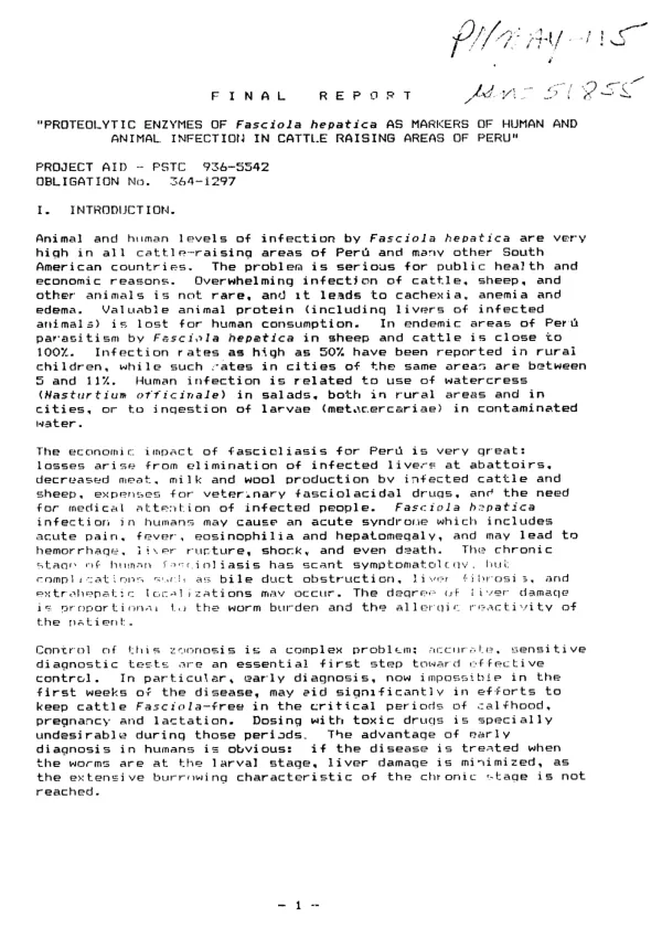 Final Report: PROTEOLYTIC ENZYMES OF Fasciola hepatica AS MARKERS OF HUMANS AND ANIMAL INFECTION IN CATTLE RAISING AREAS OF PERU