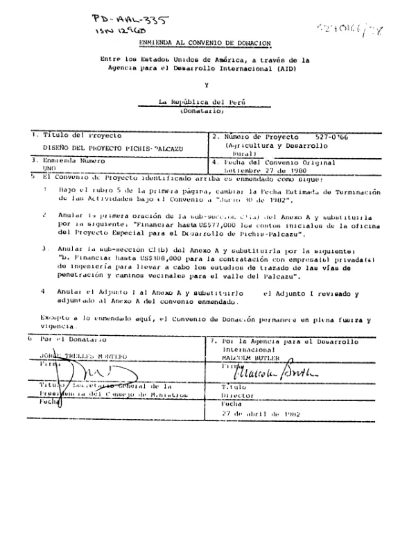 Convenio de Donacion entre el Estado Unico de America y la Agencia para el Desarrollo Internacional