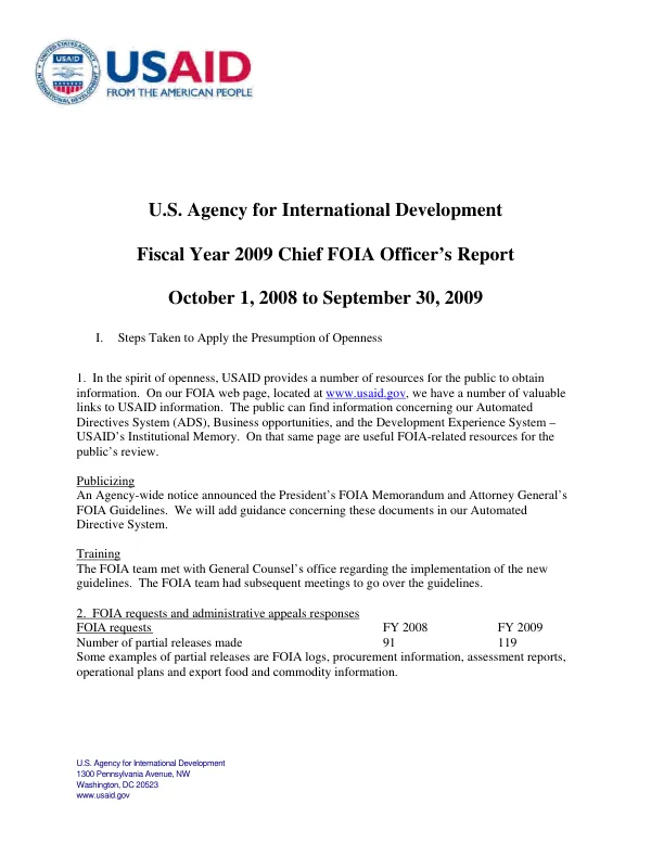 Fiscal Year 2009 Chief FOIA Officer’s Report