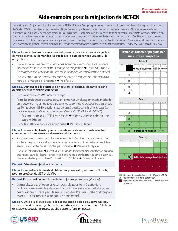 Aide-mémoire pour la réinjection de NET-EN -- pour les prestataires de services de santé