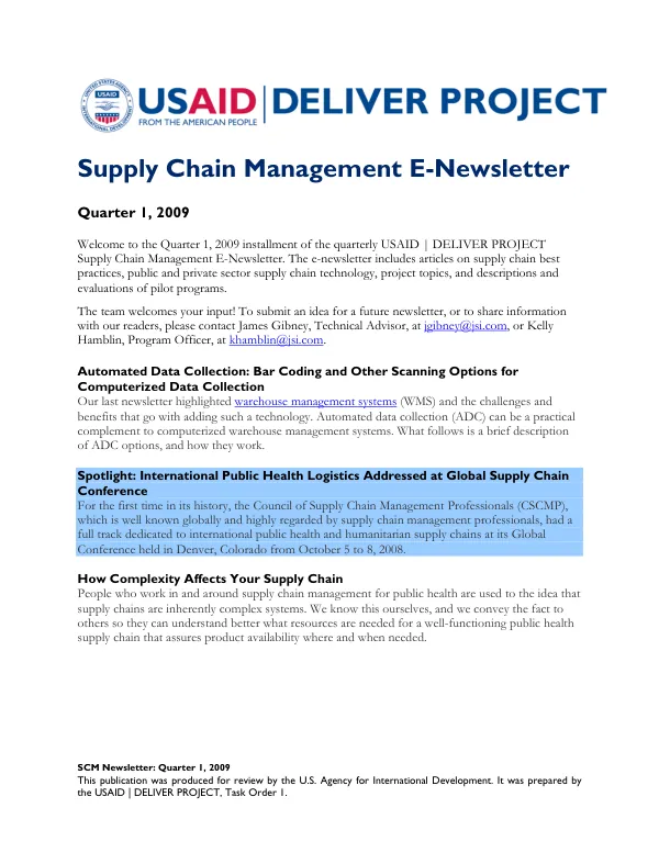 Supply Chain Management E-Newsletter, Quarter 1, 2009